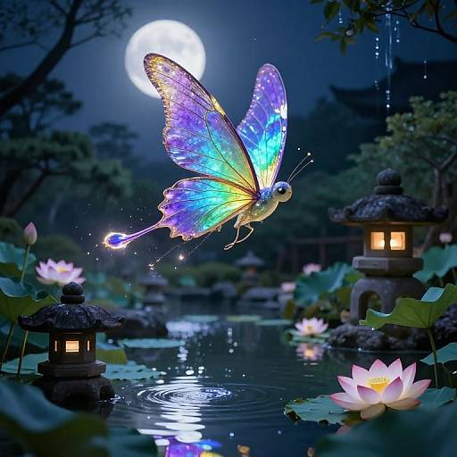 A glowing, iridescent butterfly with blue, purple, and yellow wings hovers over a moonlit, serene Japanese garden pond with lotus flowers