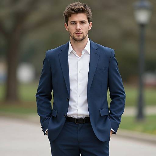 Photograph of a handsome, young white man with short brown hair, light stubble, wearing a dark blue suit, white shirt, and black belt