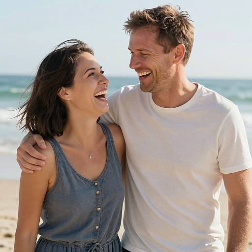Photograph of a smiling couple on a sunny beach; woman in denim dress, man in white t-shirt, arm around each other, blue ocean in