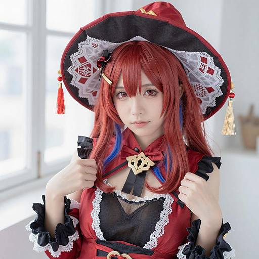 Vibrant Red-Blue Hair Cosplay Portrait