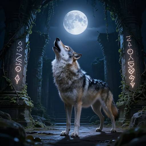 Fantasy Wolf Howling at Moonlit Ruins
