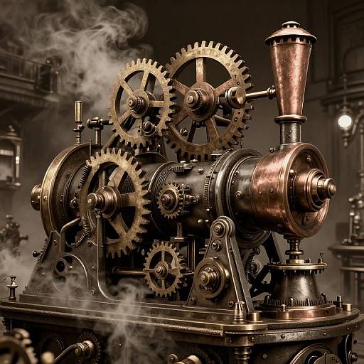 Photograph of an intricate, steampunk-style, copper and brass steam engine with multiple gears, emitting white steam, in a dimly lit industrial