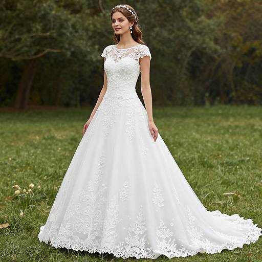 Photograph of a young woman in a white lace wedding dress with a full skirt, standing on green grass with a forest background.