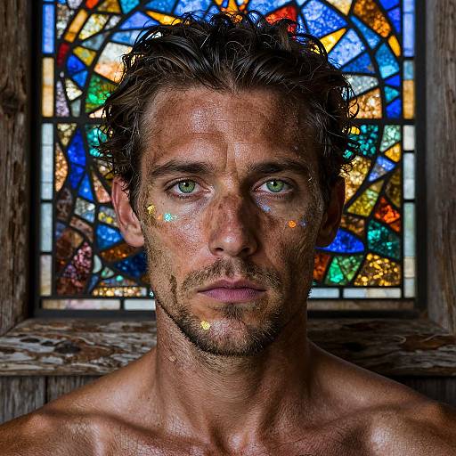 Photograph of a shirtless, wet, sunburned man with green eyes and dark hair, standing in front of a colorful stained glass window,