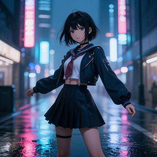 Anime Girl in Neon Rainy City