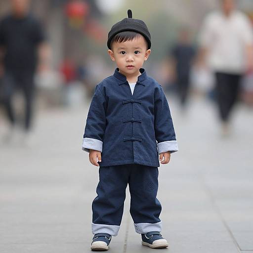 Photograph of a young Asian boy in navy traditional Chinese outfit with black cap, white cuffs, and navy pants, standing on a blurred city street with