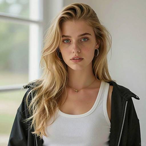 Young Blonde Woman with Green Eyes Indoors