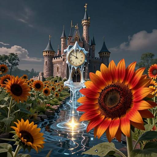 Photograph of a magical castle with a glowing clock, surrounded by vibrant orange sunflowers and a shimmering blue water stream.