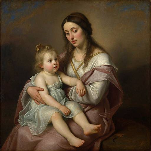 Baroque-style painting of a fair-skinned mother with long brown hair, gently holding a blonde, fair-skinned baby in a light blue dress,
