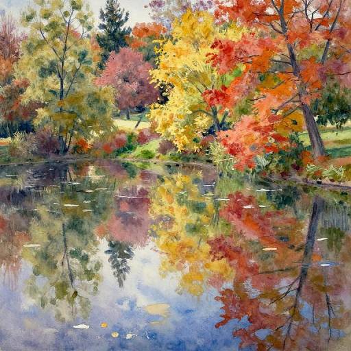 Photorealistic digital painting of a serene lake reflecting vibrant autumn trees with red, orange, yellow, and green foliage.