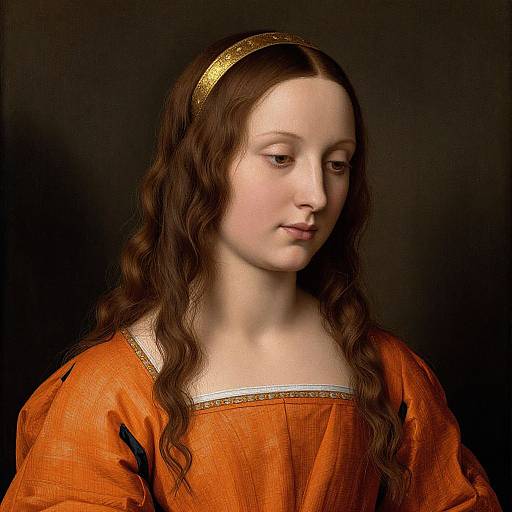 Renaissance portrait of a young girl with long, wavy brown hair, fair skin, wearing an orange dress and gold headband, against a