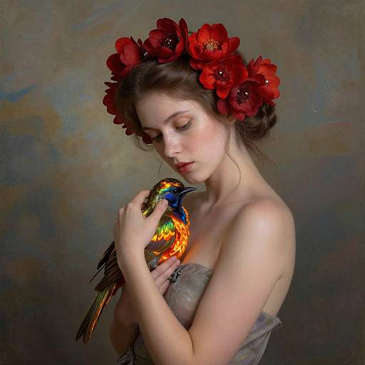 Woman with Vibrant Flowers and Iridescent Bird