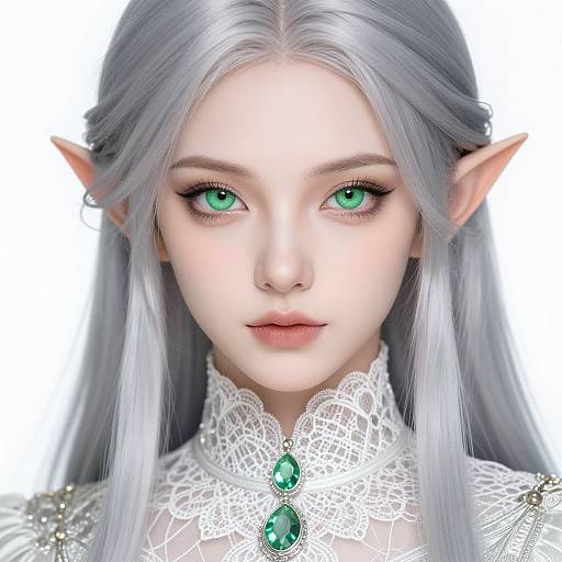 Digital art of a pale-skinned, elf-like woman with long silver hair, pointed ears, green eyes, and a white lace high-collared