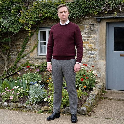 Photograph of a middle-aged Caucasian man with short brown hair, wearing a maroon sweater, white shirt, gray trousers, and black shoes, standing