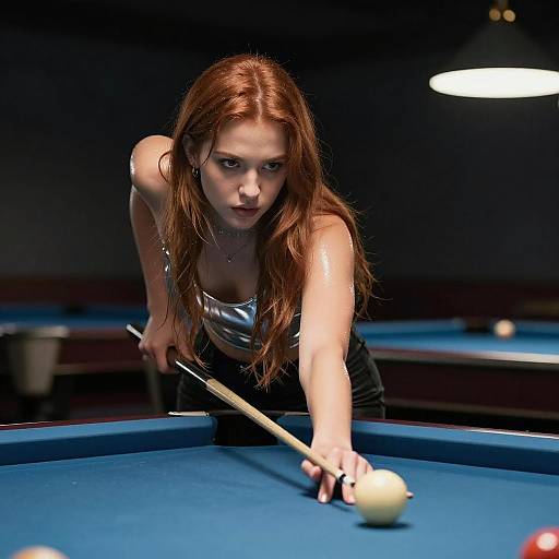 Focused Woman Playing Pool in Billiards Hall