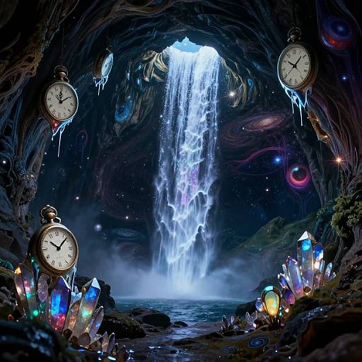 Fantastical cave with glowing crystals, four hanging clocks, and a luminous waterfall under a starry, cosmic night sky. Digital art.