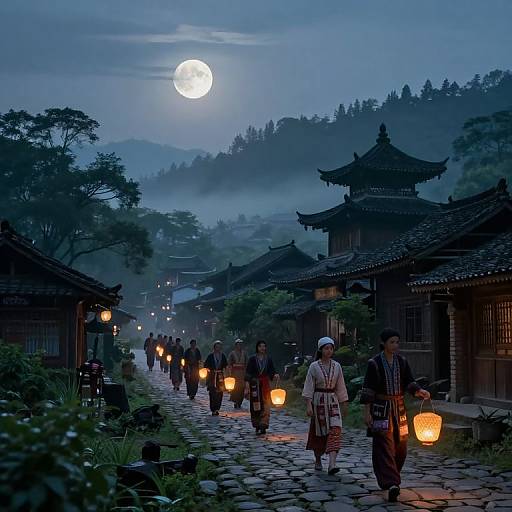 Photograph of a serene, moonlit Japanese village street at dusk, with lantern-lit pedestrians in traditional attire walking along a cobblestone path,