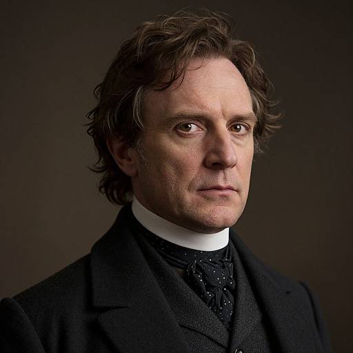 Photograph of a middle-aged man with wavy brown hair, fair skin, and brown eyes, wearing a black suit, white shirt, and black