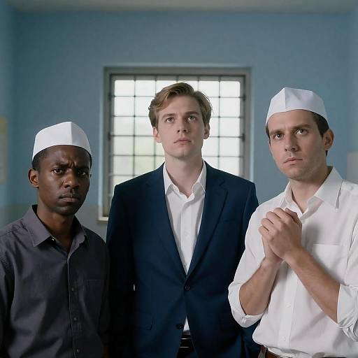 Three Men in Blue-Walled Room