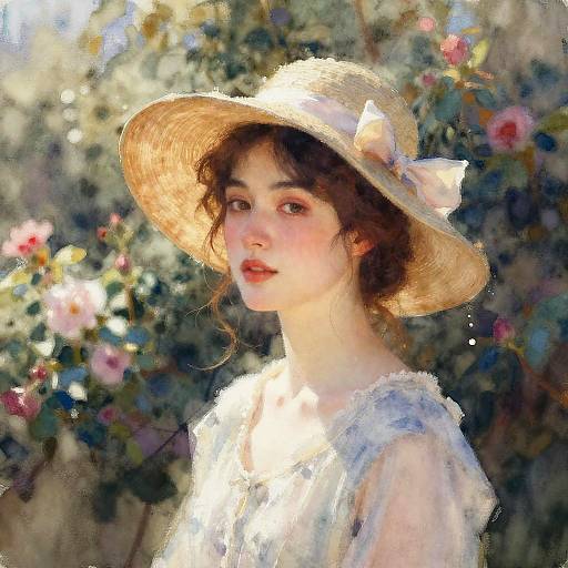 Elegant Woman in Wide-Brimmed Hat Watercolor Portrait