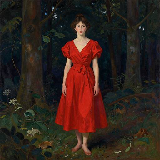 Oil painting of a pale woman with short brown hair, wearing a red dress, standing barefoot in a dark, dense forest.