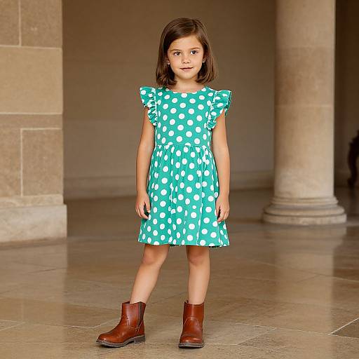 Photograph of a young girl with fair skin and brown hair, wearing a teal polka dot dress and brown boots, standing in a stone-columned