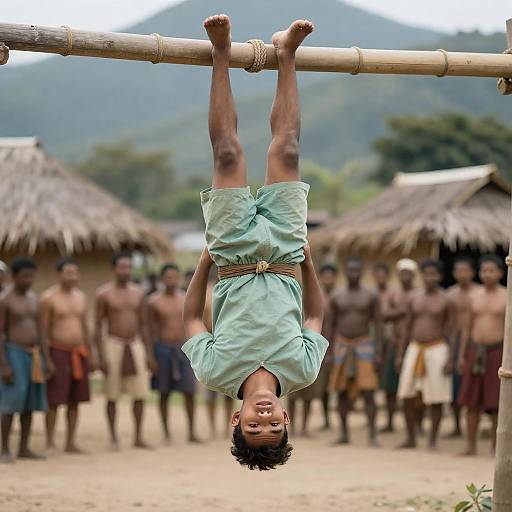 Young Man Bound Upside Down Outdoors
