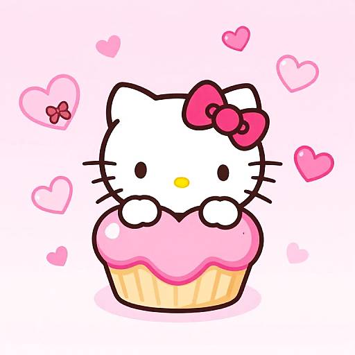 Digital cartoon of Hello Kitty with a pink bow, holding a pink-frosted cupcake, surrounded by pink hearts on a white background.