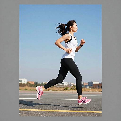 Woman Jogging on Road with Yellow Line