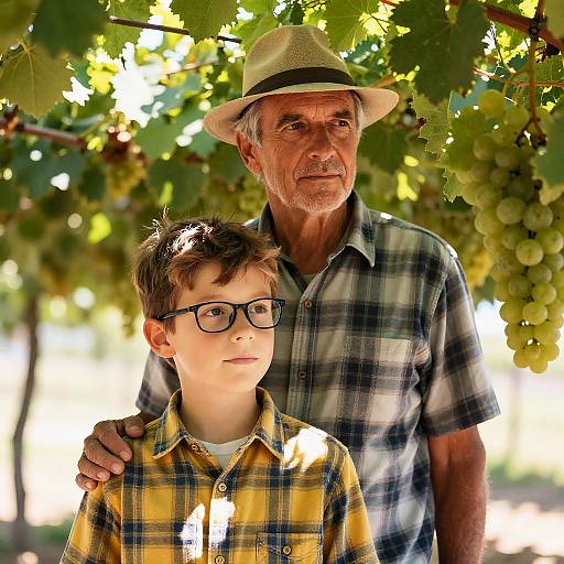 Grandfather and Grandson in Grape Vineyard