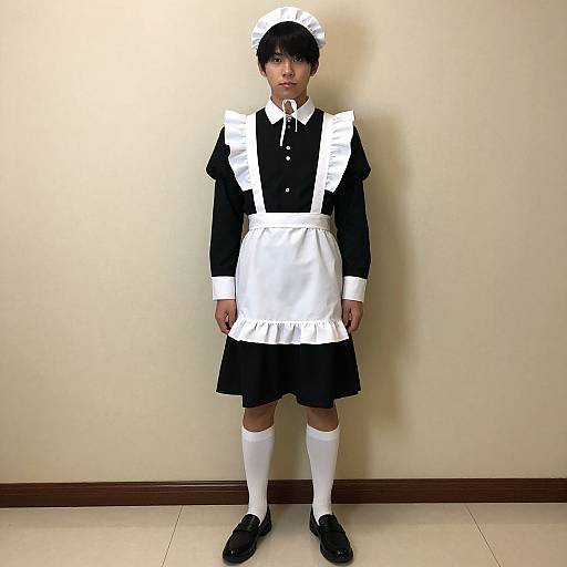 Photograph of an Asian man in a traditional black and white French maid outfit, standing against a plain beige wall.