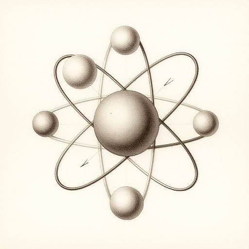 Digital drawing of a simplified atomic model with a central grey sphere surrounded by six smaller white spheres connected by black orbiting lines. White background.