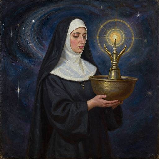 Oil painting of a contemplative nun holding a golden candelabrum with a glowing light, set against a cosmic, starry background.