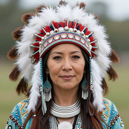 Photograph of a Native American woman with long brown hair, wearing a red and white feathered headdress, intricate turquoise jewelry, and a blue pattern