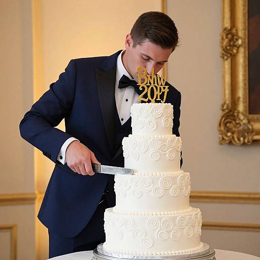 Photograph of a young man in a black tuxedo with a bow tie, cutting a white, rose-patterned three-tier wedding cake with 