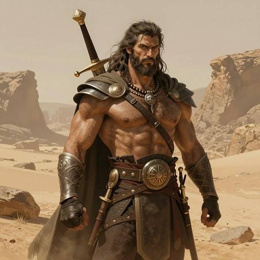 Muscular Warrior in Desert Landscape
