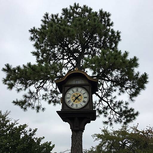 Photograph of a dark, vintage clock tower with a white face and black Roman numerals, standing tall behind a large, green pine tree.