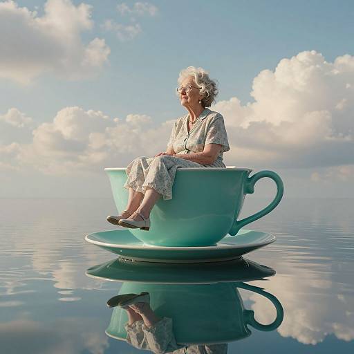 Photograph of elderly woman with white hair, wearing floral dress and sandals, sitting in oversized turquoise teacup on reflective water, under bright blue sky