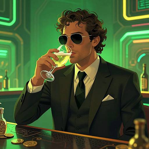 Photograph of a curly-haired man in a black suit, white shirt, black tie, and sunglasses, sipping champagne in a neon-lit bar