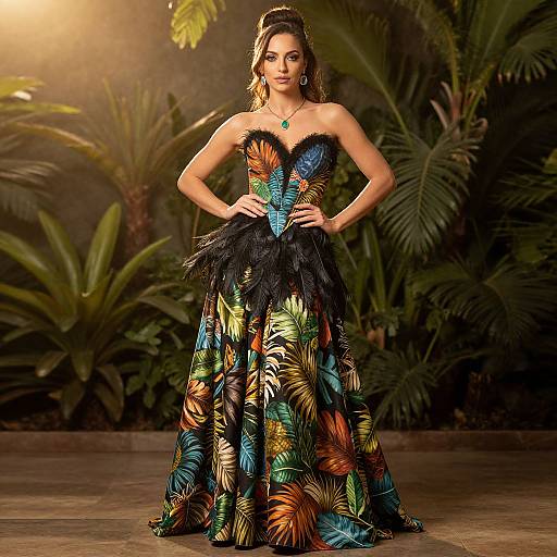 Photograph of a woman in a vibrant, strapless, tropical-themed ball gown with black feathered bodice, colorful leaf patterns, and lush jungle