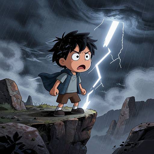 Scared Kid on Cliff in Storm