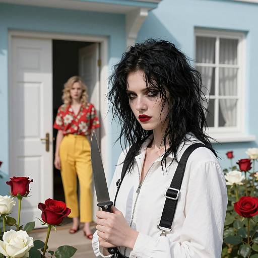 Woman with Knife Amidst Red Roses