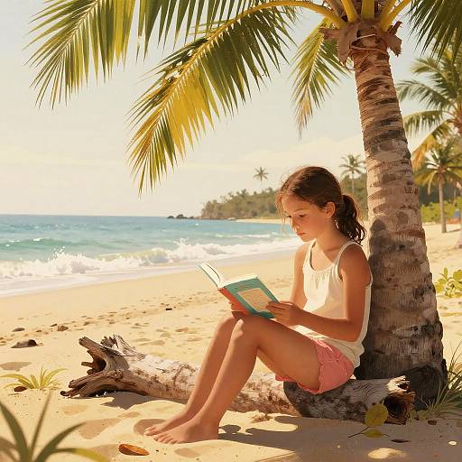 Young Girl Reading on Tropical Beach