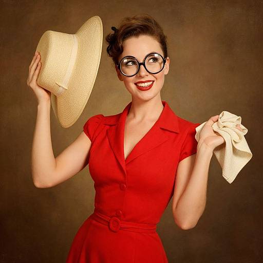 Vintage-style photograph of a smiling woman with red dress, black glasses, holding a straw hat and white cloth against a brown background.