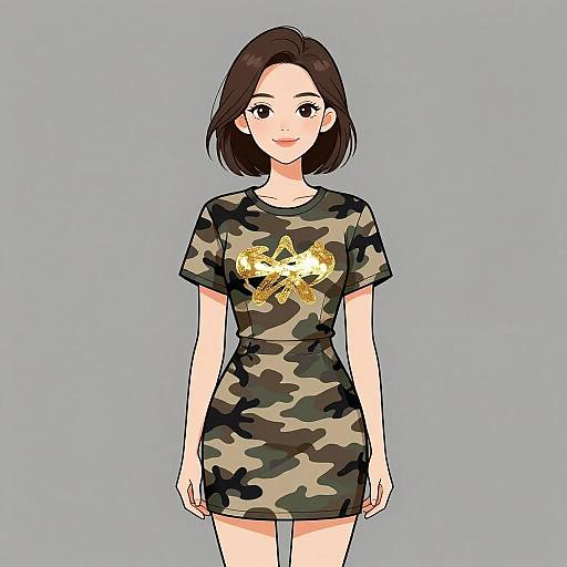 Smiling Woman in Camouflage Dress