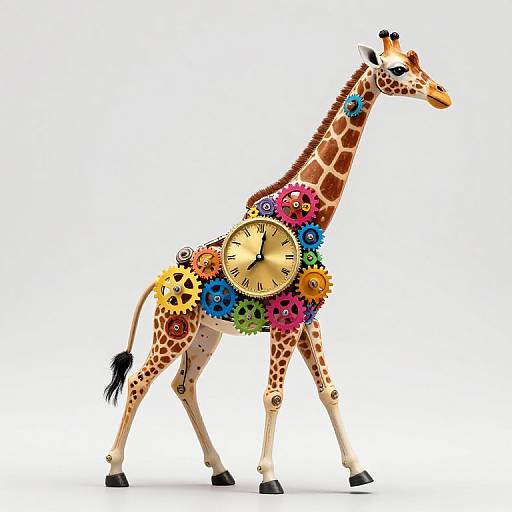 Colorful giraffe sculpture with a clock on its side, adorned with vibrant flowers and gears, walking against a white background.