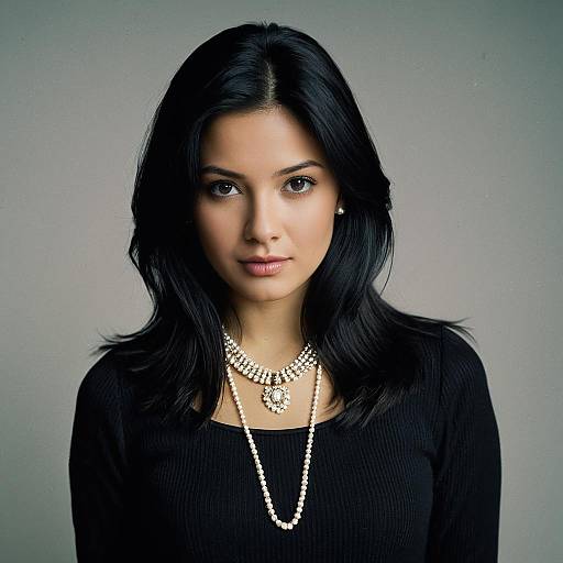 Young Woman with Black Hair and Pearl Necklace