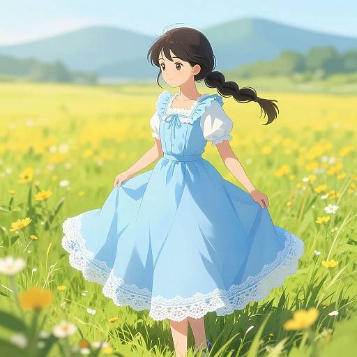 Anime Girl in Flowing Blue Dress