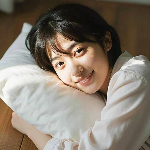 Asian woman with black hair, smiling, lying on white pillow, wearing white shirt, sunlight illuminating face, wooden floor background.