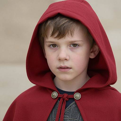 Photograph of a young boy with fair skin, brown eyes, and brown hair, wearing a red hooded cloak with silver buttons, against a blurred